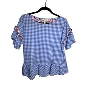 Matilda Jane Blue White XS Blouse Gingham Spring Nautical Floral Trim Cottage